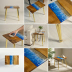 A small, square wooden side table with a blue resin design resembling ocean waves. The table has a natural wood finish and gold-colored metal legs. The table is approximately 20 inches long, 20 inches wide, and 20 inches high.
