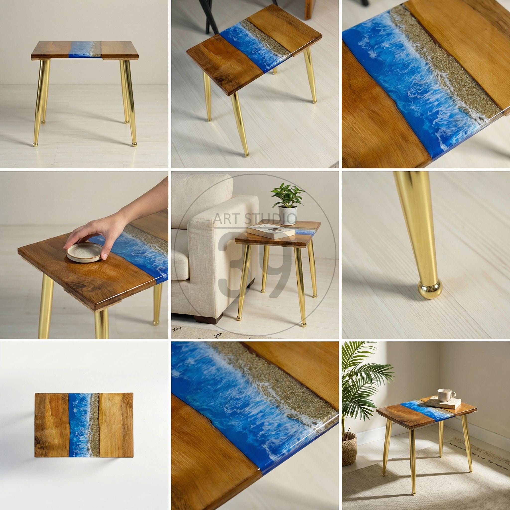 A small, square wooden side table with a blue resin design resembling ocean waves. The table has a natural wood finish and gold-colored metal legs. The table is approximately 20 inches long, 20 inches wide, and 20 inches high.