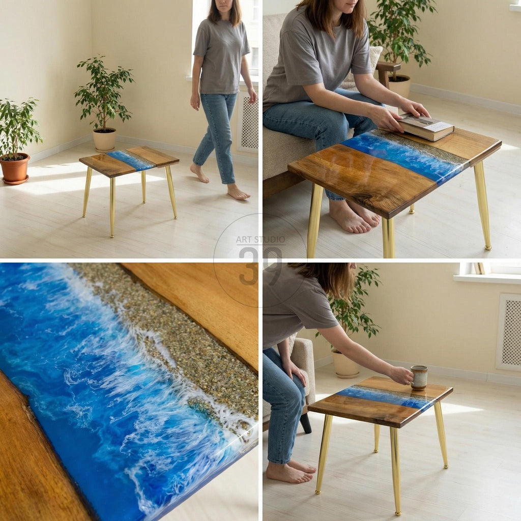 A square coffee table with a wooden top, featuring a blue resin river design and gold-colored legs. The table's design incorporates a beach-like aesthetic with a wave pattern. The table is approximately 24 inches long and wide, and 18 inches tall.