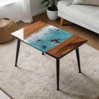 Bright Ocean Walnut Coffee Table – Real Sand Beach Resin Wood – Handmade Coastal River Table