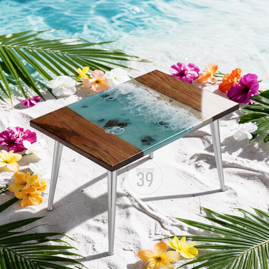 Bright Ocean Walnut Coffee Table – Real Sand Beach Resin Wood – Handmade Coastal River Table