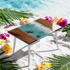 Bright Ocean Walnut Coffee Table – Real Sand Beach Resin Wood – Handmade Coastal River Table