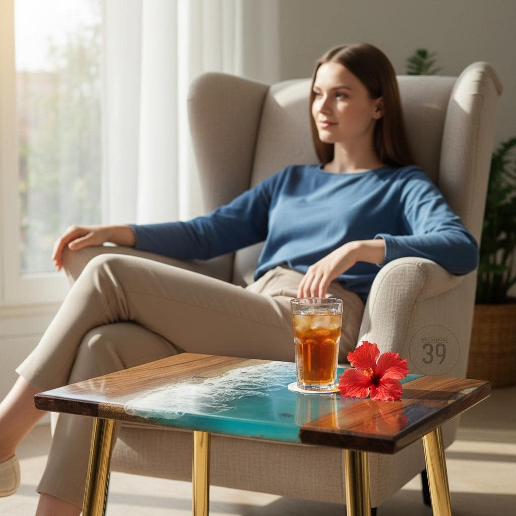 A small, square wooden side table with a resin ocean design. The table has gold-colored legs and a vibrant red hibiscus flower on top. A glass of iced tea sits on the table. The table is approximately 18 inches long.