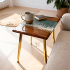 Bright Ocean Walnut Coffee Table – Real Sand Beach Resin Wood – Handmade Coastal River Table