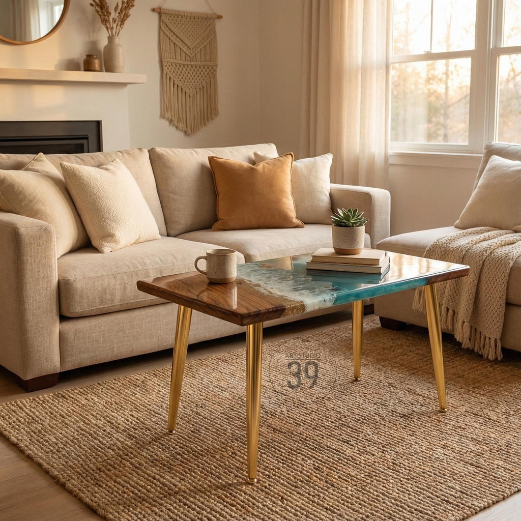 A square coffee table with a wooden top and gold-colored legs. The table's surface features a unique design with a wood grain pattern on one side and a blue and white resin design on the other. The table is 39 inches long.