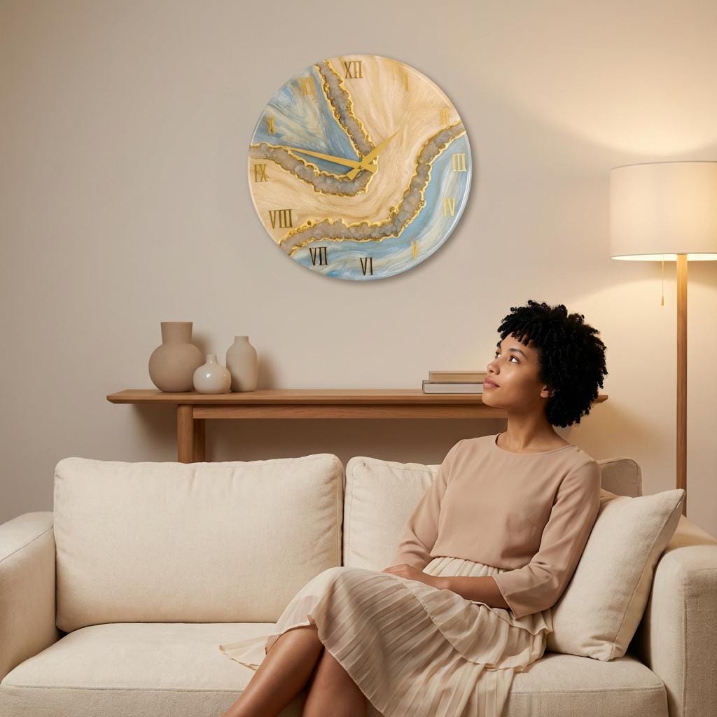 A round wall clock with a unique design. The clock face features a blue, beige, and gold abstract pattern. Gold Roman numerals mark the hours. The clock hands are gold. The clock is hanging on a light-colored wall.