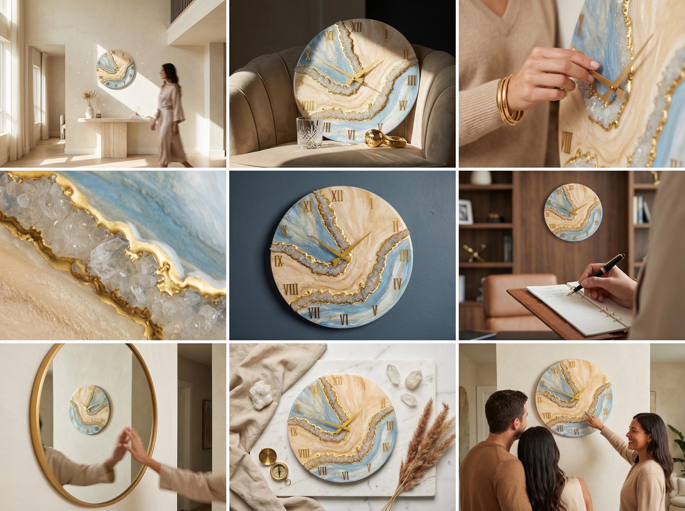 Round wall clock with a unique design featuring blue, beige, and gold tones. The clock face has a marbled effect with Roman numerals and gold clock hands. A decorative piece for home decor.