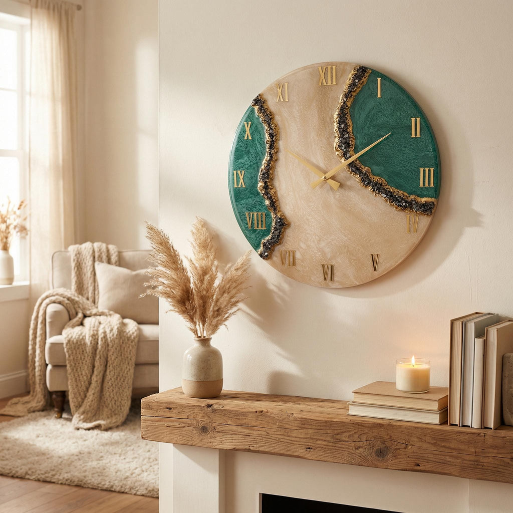 Luxury Geode Wall Clock with Real Obsidian Crystals – Handmade Resin Clock with Personalization Option in Gold – 40 50 60 cm Statement Decor