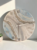 Luxury Geode Wall Clock with Real Quartz Crystals – Handmade Resin Clock in White & Turquoise and Silver – 40 50 60 cm Statement Decor