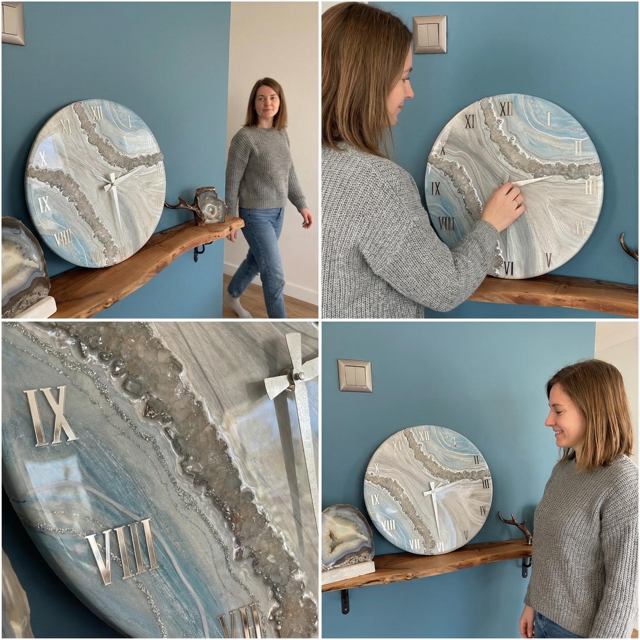 Handmade Geode Resin Clock with Real Quartz Crystals – White Turquoise Silver Statement Decor