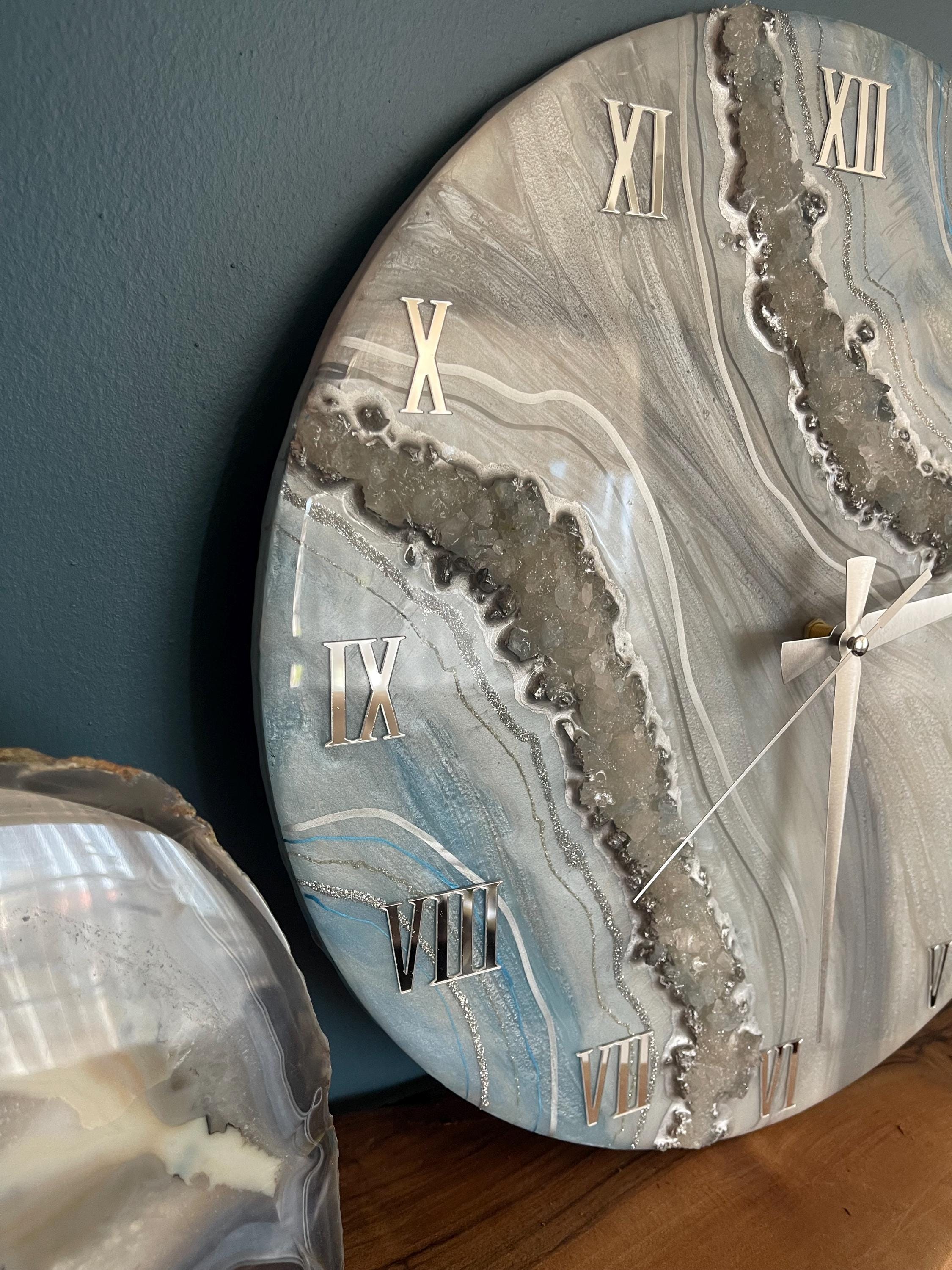 Luxury Geode Wall Clock with Real Quartz Crystals – Handmade Resin Clock in White & Turquoise and Silver – 40 50 60 cm Statement Decor