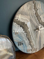 Handmade Geode Resin Clock with Real Quartz Crystals – White Turquoise Silver Statement Decor