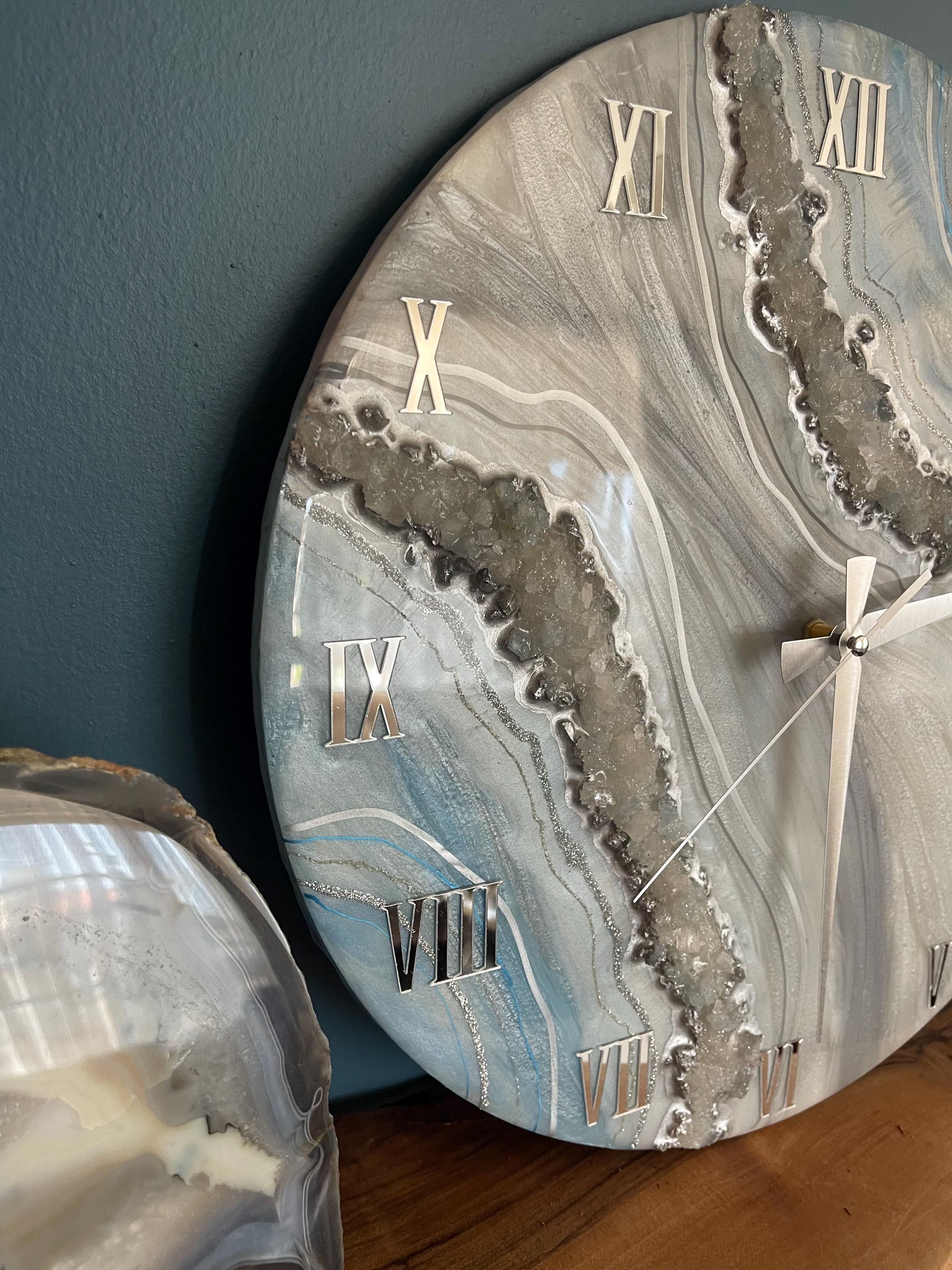 Handmade Geode Resin Clock with Real Quartz Crystals – White Turquoise Silver Statement Decor