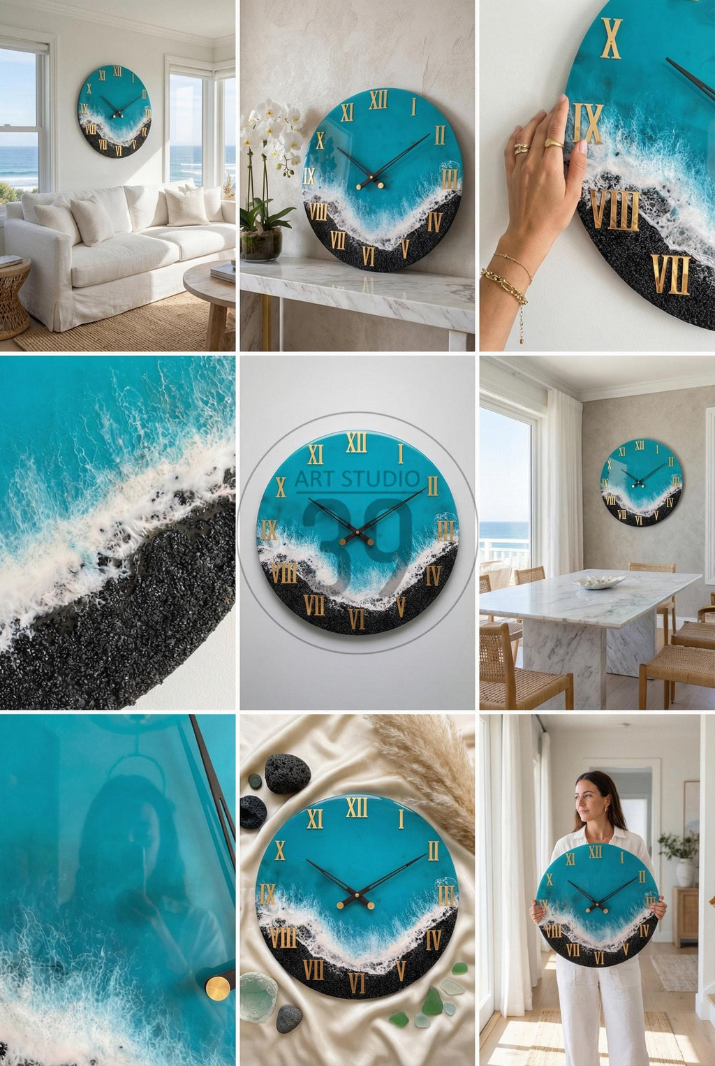 Round wall clock with a turquoise ocean design, featuring gold Roman numerals and black hands. The clock has a black and white wave pattern at the bottom. The clock is a decorative home decor item.