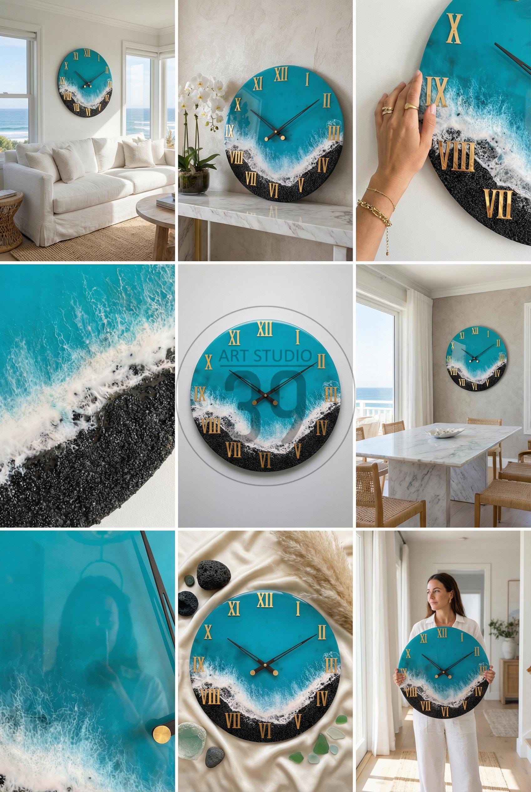 Round wall clock with a turquoise ocean design, featuring gold Roman numerals and black hands. The clock has a black and white wave pattern at the bottom. The clock is a decorative home decor item.