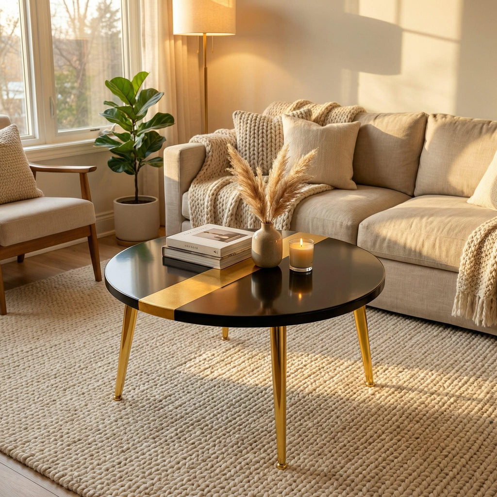 A round coffee table with a black and gold design. The table has three gold legs and is placed on a cream-colored rug. A beige sofa, chair, and a potted plant are in the background. A vase with dried flowers and a lit candle are on the table.