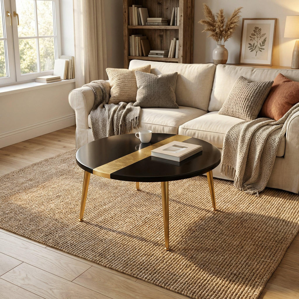 A living room scene featuring a black round coffee table with gold accents and legs. The table sits on a woven jute rug, with a cream-colored sofa, pillows, and a blanket in the background. A window and bookshelf are also visible.