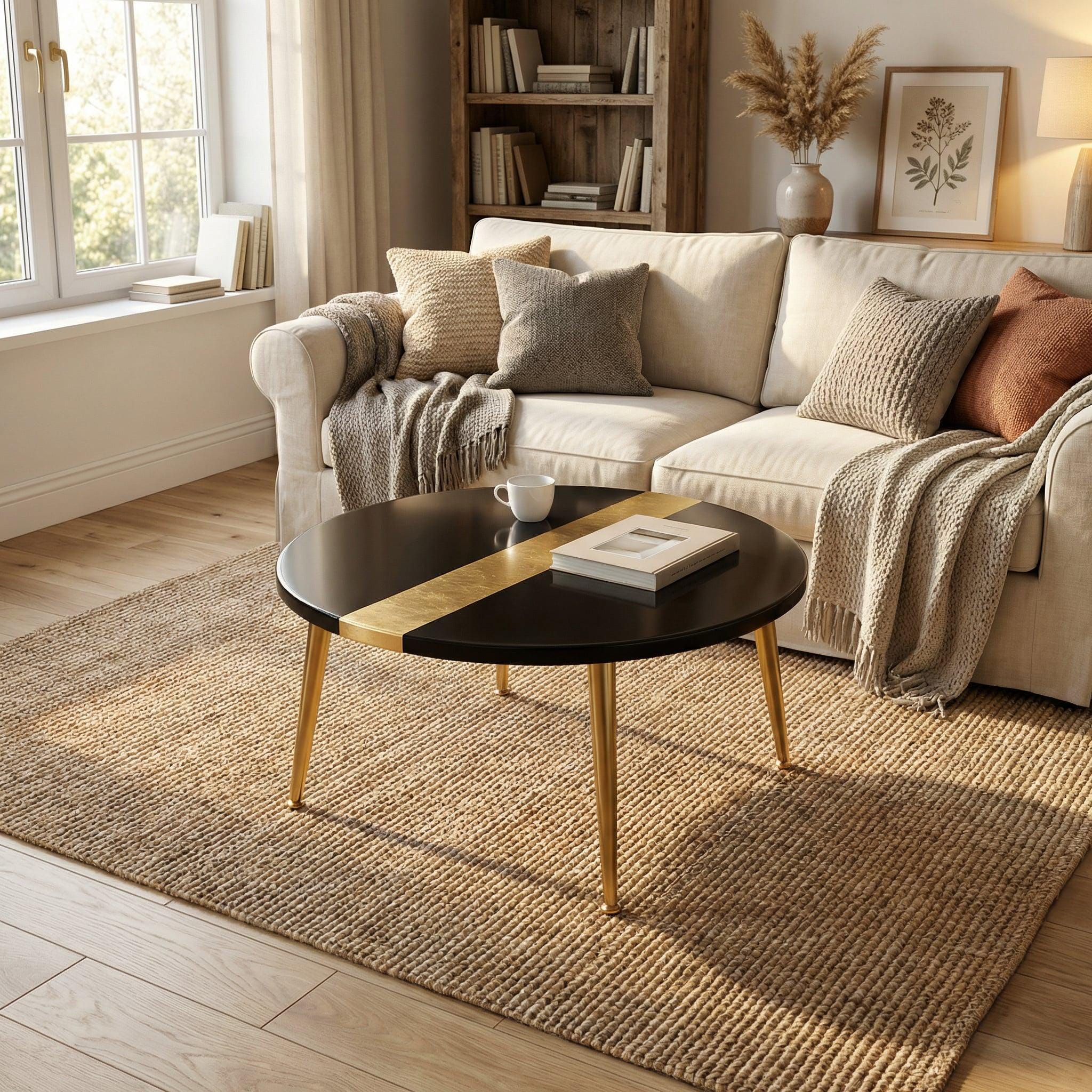 A living room scene featuring a black round coffee table with gold accents and legs. The table sits on a woven jute rug, with a cream-colored sofa, pillows, and a blanket in the background. A window and bookshelf are also visible.