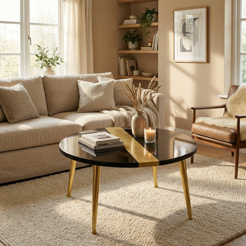 Luxury Black Resin Coffee Table – Gold Leaf Inlay, Contemporary Design