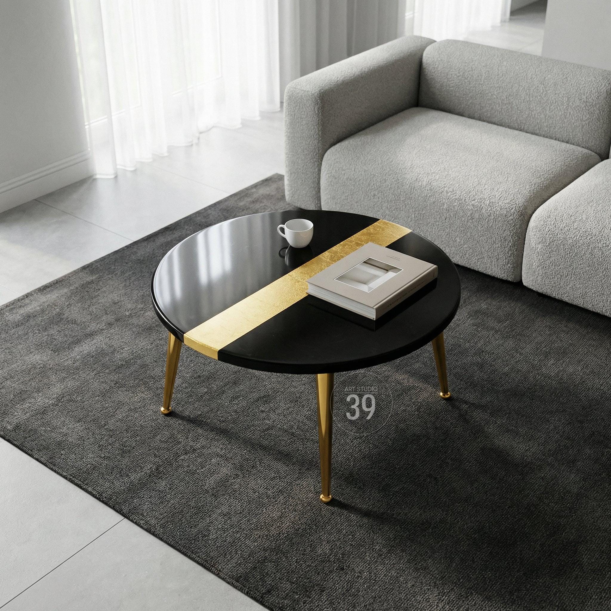 Luxury Black Resin Coffee Table – Gold Leaf Inlay, Contemporary Design
