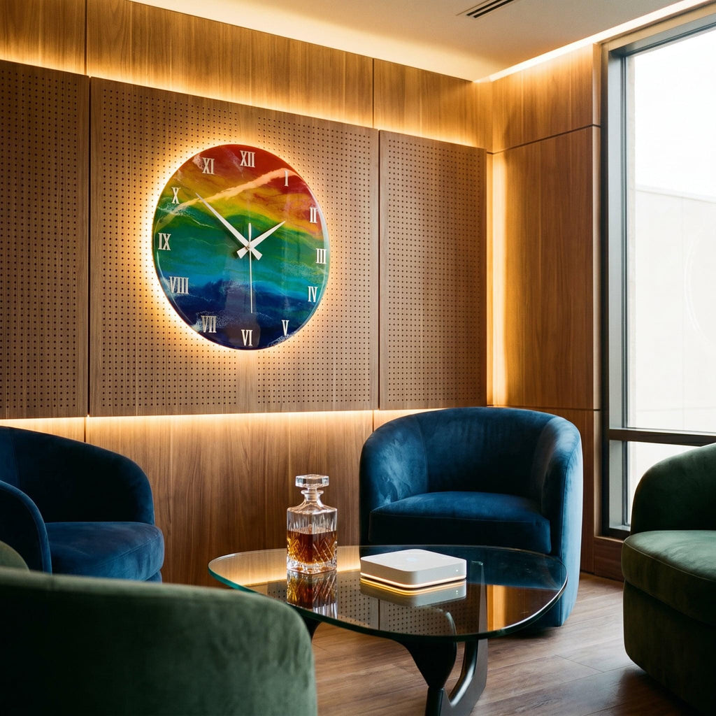 A round wall clock with a colorful rainbow design, Roman numerals, and white hands. The clock is mounted on a wooden wall in a room with blue and green velvet armchairs and a glass coffee table.