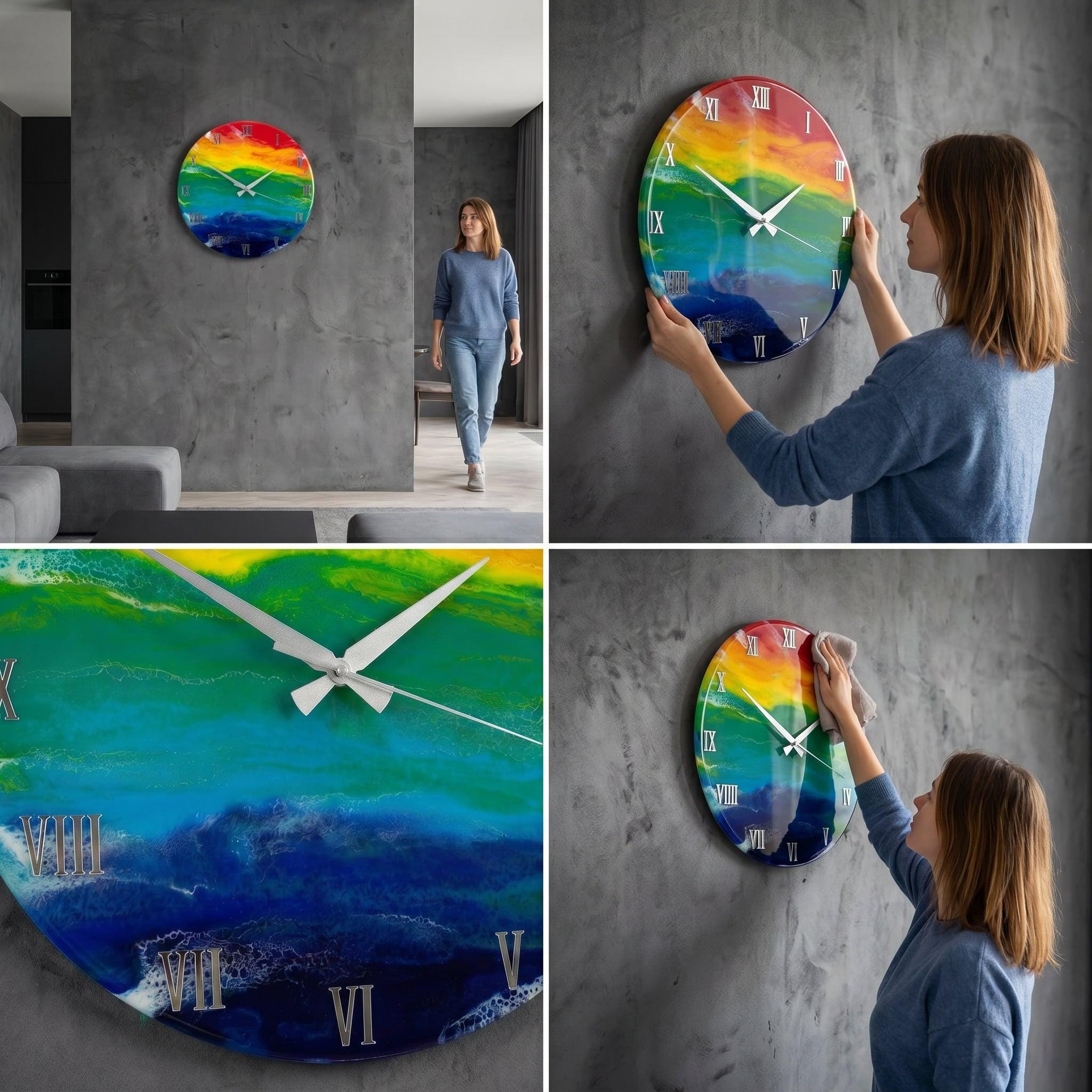 A round wall clock with a vibrant rainbow design. The clock face features a gradient of colors, including red, orange, yellow, green, and blue. Roman numerals mark the hours, and the hands are white.