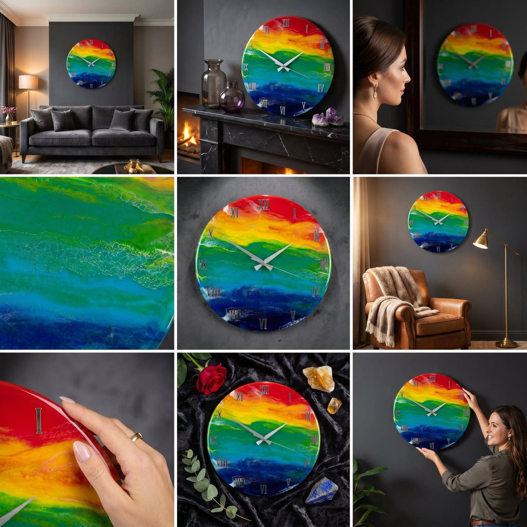 A round wall clock with a vibrant rainbow design. The clock face features a blend of red, yellow, green, and blue hues, with silver hands and Roman numeral hour markers. The clock is a decorative piece for any room.