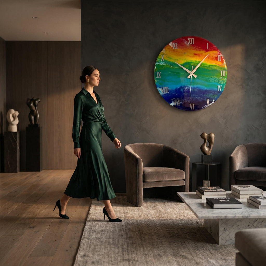 A large, round wall clock with a vibrant rainbow-colored design. The clock features silver-colored hands and Roman numeral hour markers. The clock is mounted on a dark gray wall in a modern living room setting.