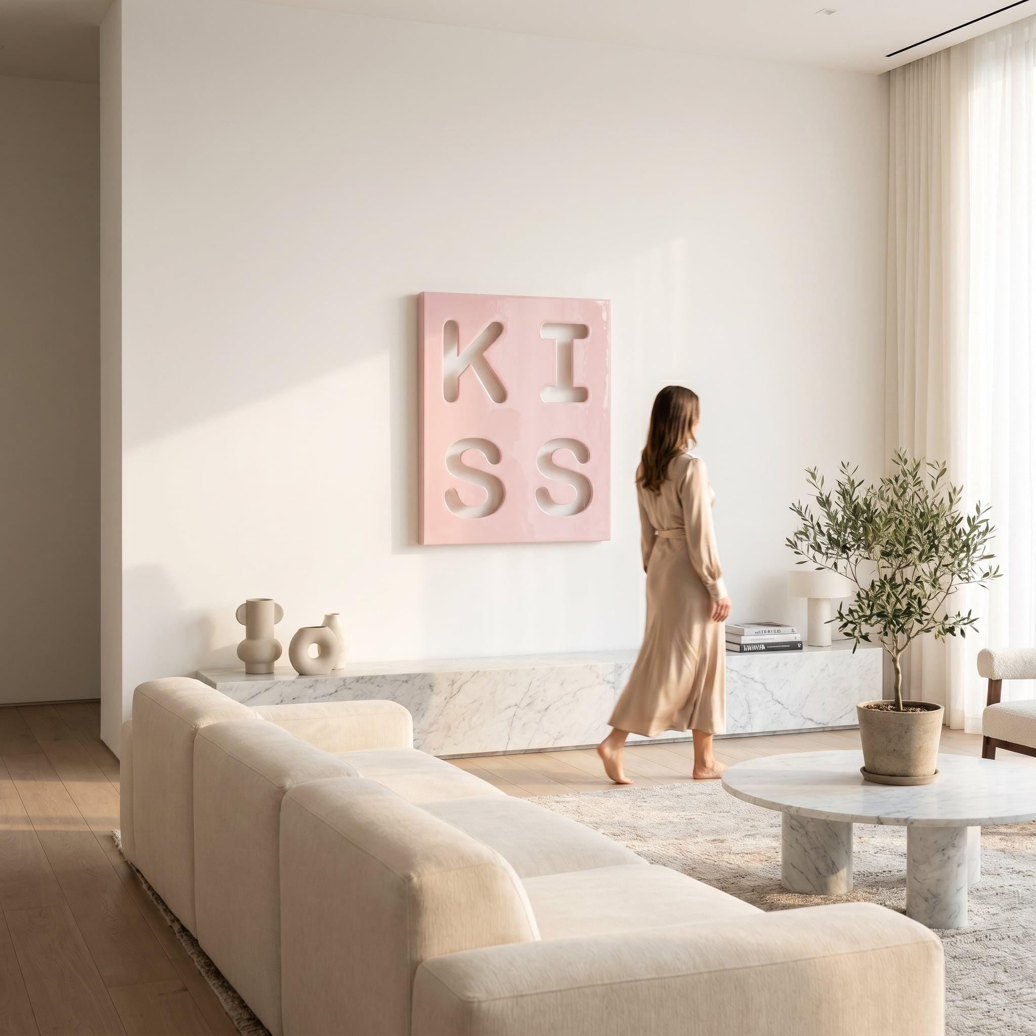 A square wall art piece featuring a light pink background with the word KISS cut out in a bold, blocky font. The letters are arranged in a two-by-two grid, with K and I on the top row and S and S on the bottom row, creating a cutout effect.