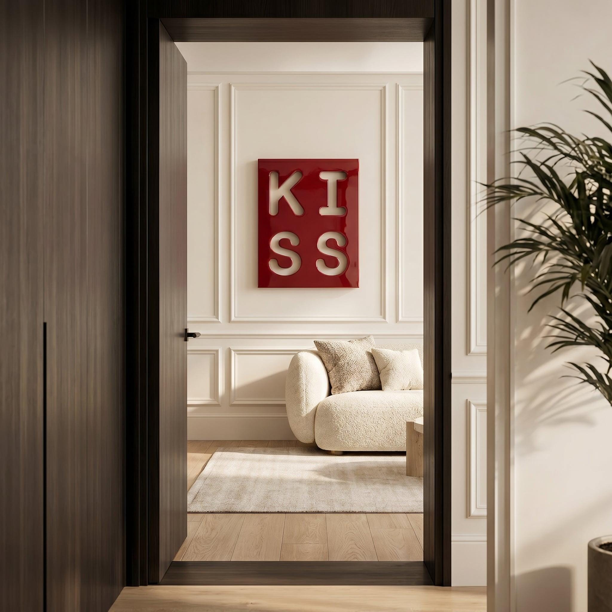 A square red wall art piece featuring the white cutout letters K, I, S, and S arranged in a two-by-two grid. The artwork is displayed on a white paneled wall above a cream-colored sofa in a room viewed through a dark doorway.