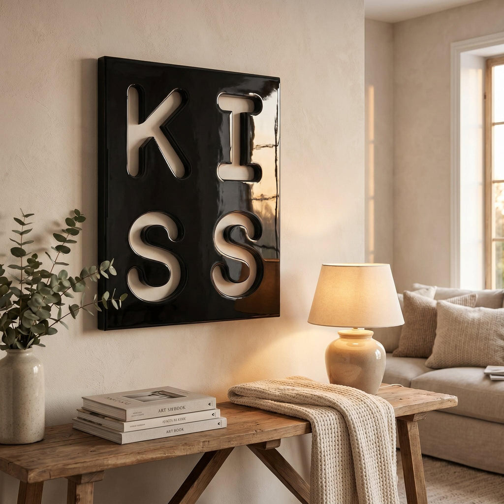 A square black wall art piece featuring the word KISS in large, bold, white cut-out letters. The glossy black surface surrounds the white lettering, creating a high-contrast design that is mounted on a light-colored wall.