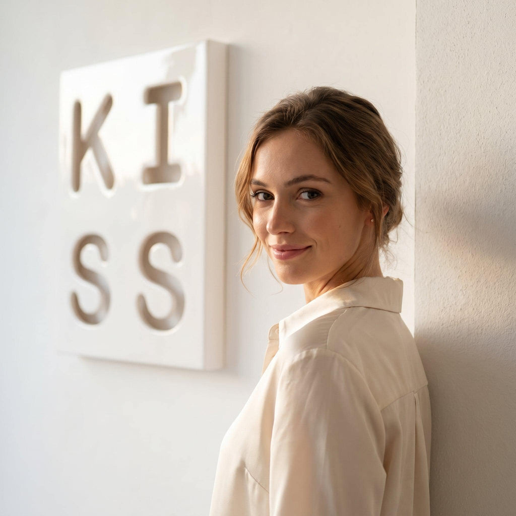 A square white wall art piece featuring the word KISS embossed in large, bold, sans-serif capital letters. The letters are recessed into the surface, creating a clean, dimensional look. The artwork is displayed on a plain white wall.