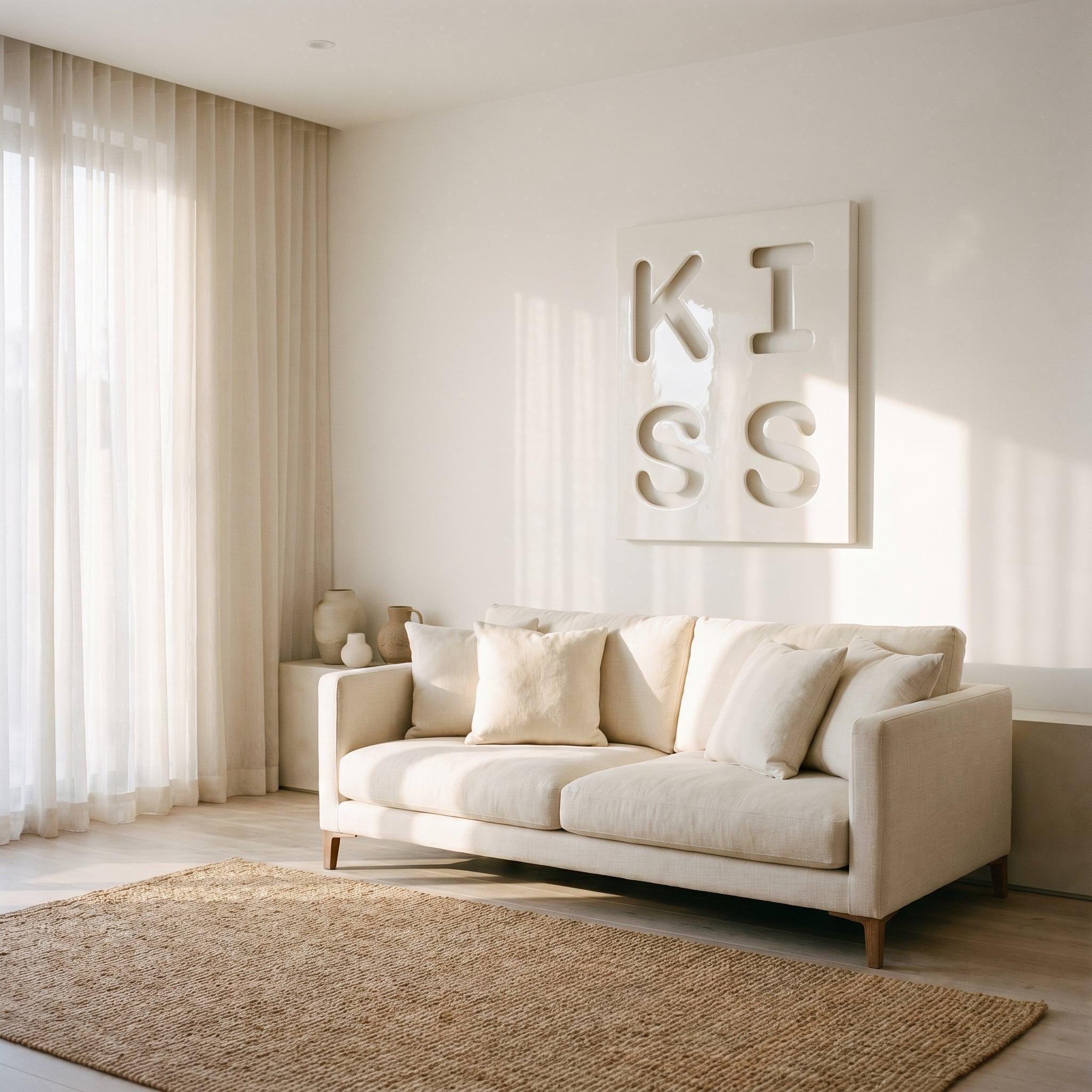 A cream-colored sofa with four matching throw pillows sits in a room with a large rectangular wall art piece featuring the word KISS in recessed lettering. A woven jute rug lies on the floor in front of the sofa.
