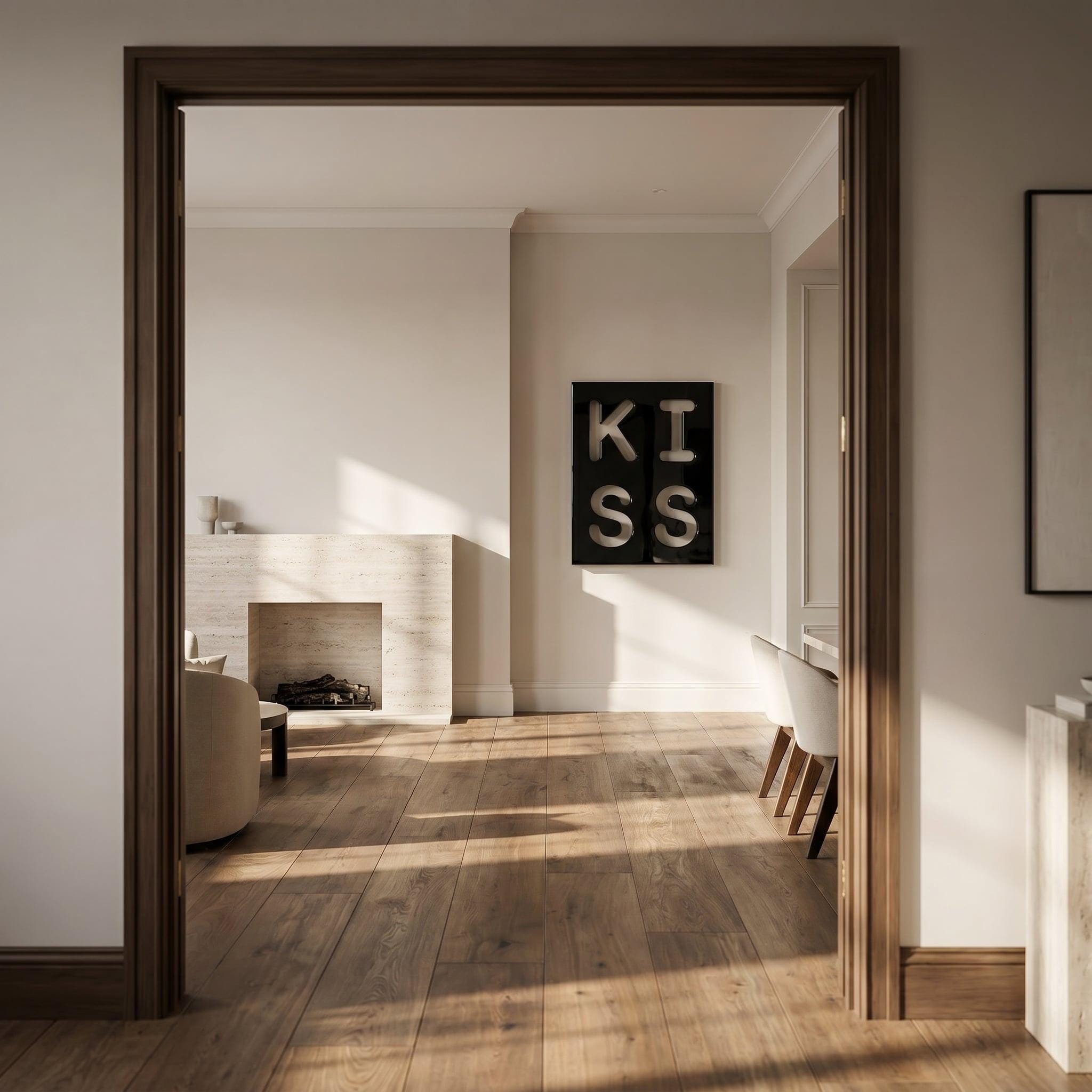 A rectangular black wall art piece featuring the silver metallic letters K, I, S, and S arranged in a two-by-two grid. The artwork is displayed on a light-colored wall within a room that has wooden flooring and a stone fireplace.