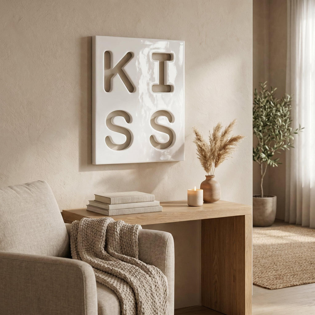 A square white wall art piece featuring the word KISS in large, cut-out block letters. The glossy surface reflects light, and the letters are arranged in a two-by-two grid format, creating a bold, modern visual statement on the wall.
