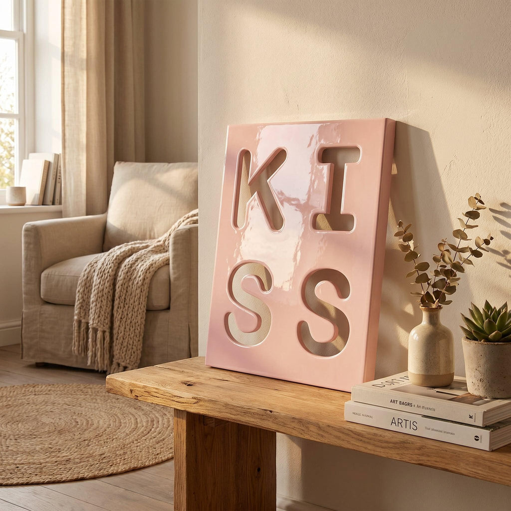 A rectangular light pink wall art piece featuring the word KISS cut out in large, bold, block letters. The surface of the pink panel has a glossy, reflective finish, and the cut-out letters reveal the wall surface behind the object.