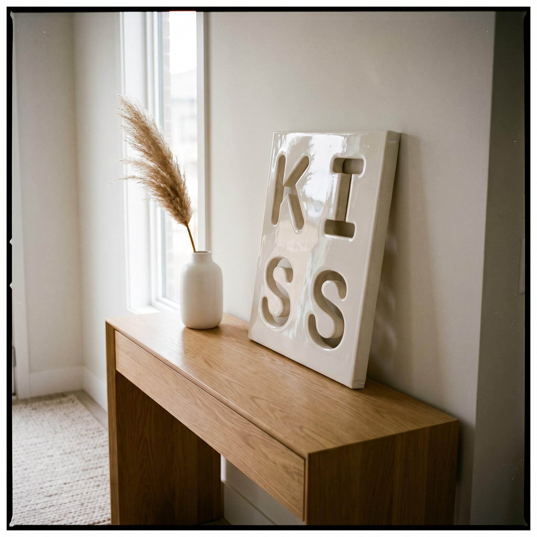 A rectangular white ceramic plaque featuring the word KISS in large, recessed, cut-out capital letters. The plaque is positioned upright on a wooden console table next to a white ceramic vase containing a single dried pampas grass stem.
