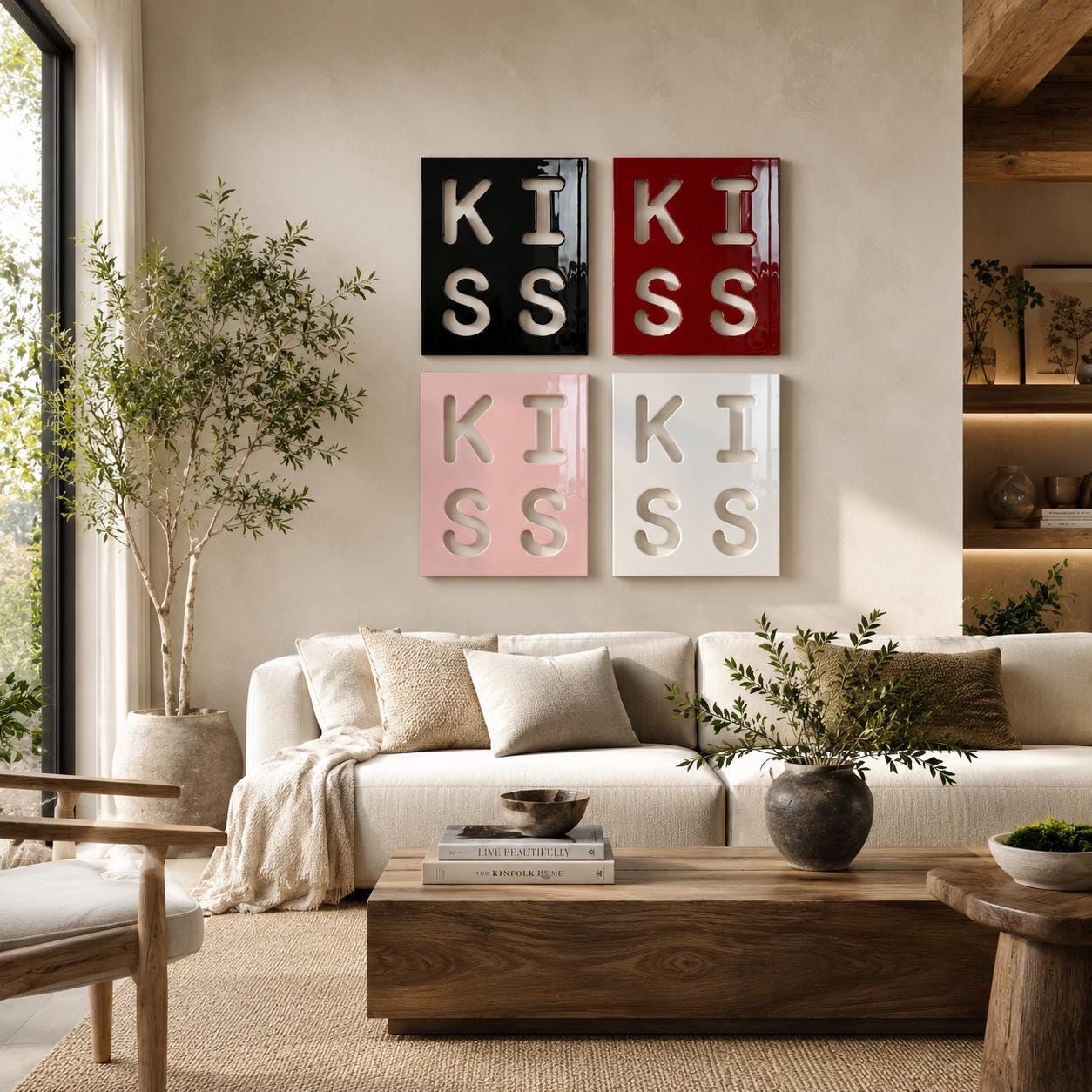 Four square wall art panels arranged in a grid, each featuring the word KISS in a cutout style. The top left panel is black, the top right is red, the bottom left is light pink, and the bottom right is white, all with a glossy finish.