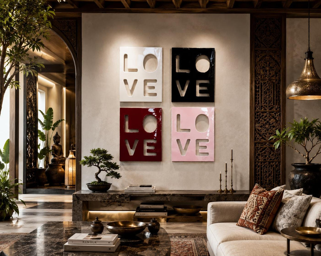 Four square wall art panels arranged in a grid, each featuring the word LOVE cut out in a bold, blocky font. The top left panel is white, the top right is black, the bottom left is deep red, and the bottom right is light pink.
