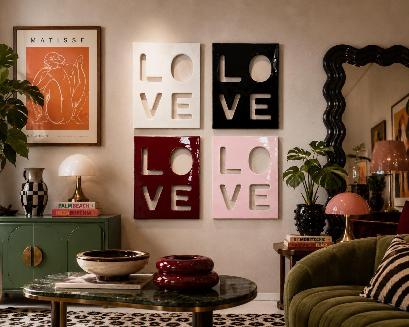 Four square wall art panels featuring the word LOVE in a cutout style. The panels are arranged in a grid, with one white, one black, one deep red, and one light pink panel, each displaying the letters in a bold, block-letter font.