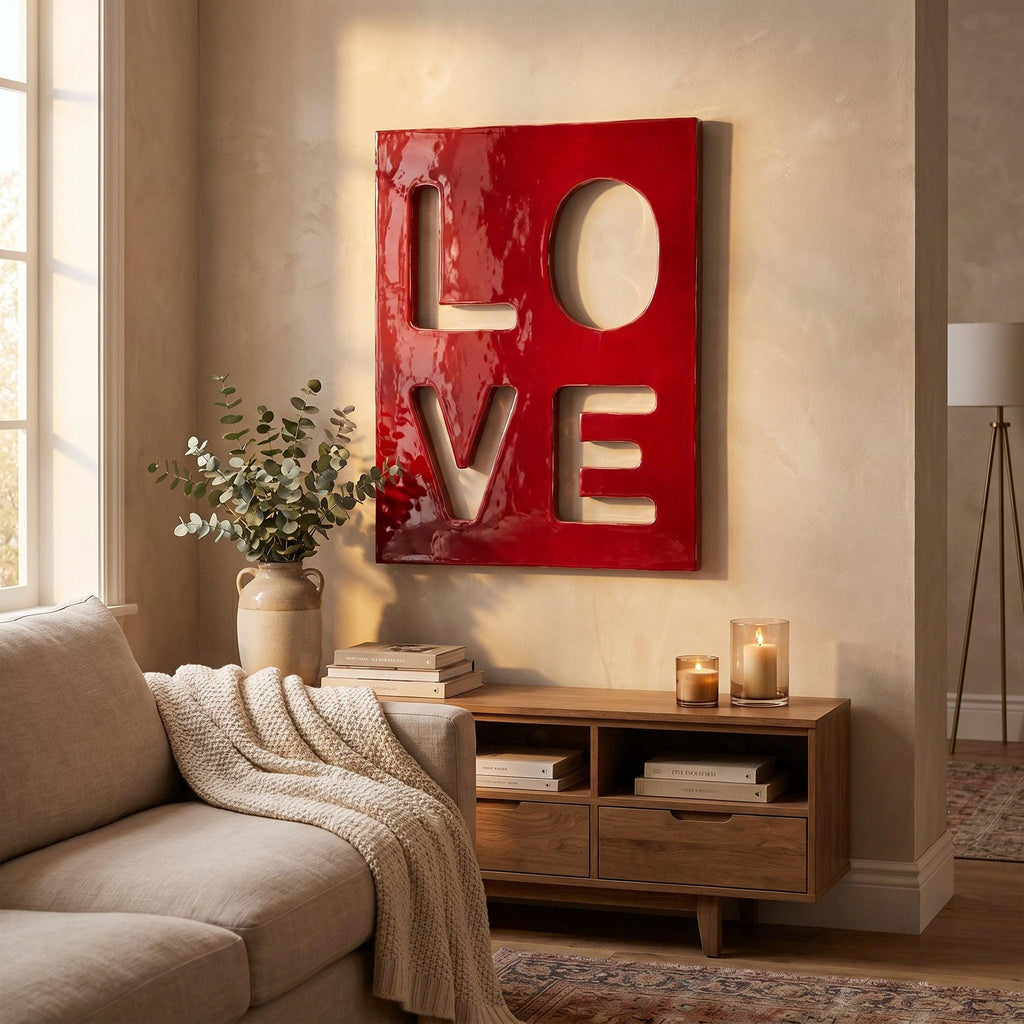 A square wall art piece featuring a glossy, bright red finish with the word LOVE cut out in a bold, block-letter style. The letters L, O, V, and E are arranged in a two-by-two grid, revealing the wall surface behind the red panel.