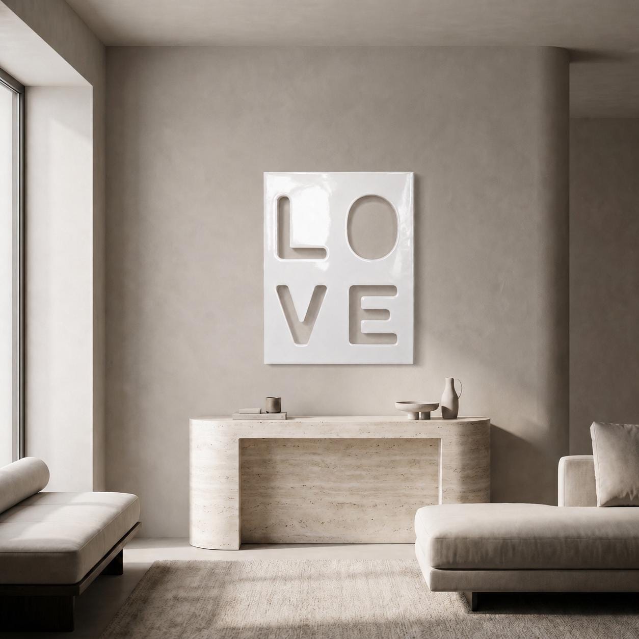 A rectangular white wall art piece featuring the word LOVE cut out in a bold, block-letter style. The letters are arranged in a two-by-two grid, with L and O on the top row and V and E on the bottom row, creating a clean, modern look.