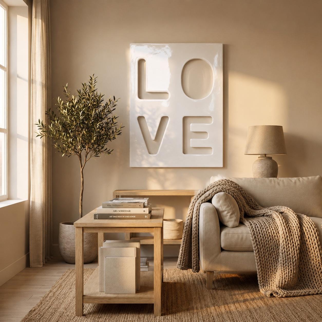 A white rectangular wall art piece featuring the word LOVE in large, recessed, three-dimensional block letters. The artwork is displayed on a beige wall above a wooden side table, a beige sofa with a chunky knit throw, and a potted olive tree.