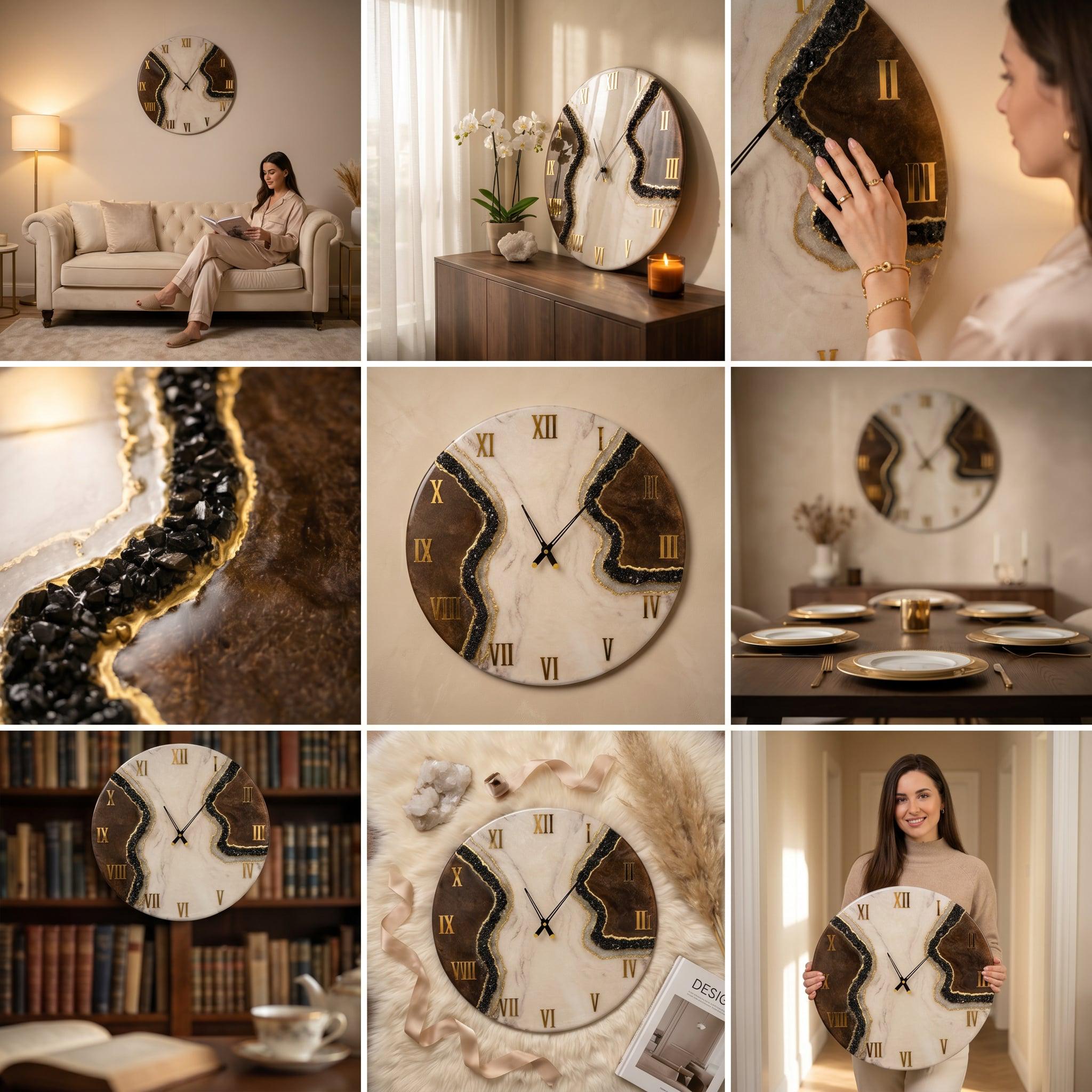 A round wall clock featuring a white and brown marbled surface with a central jagged fissure filled with black crystals and gold accents. The clock face displays gold Roman numerals and black hands, creating a distinct contrast.