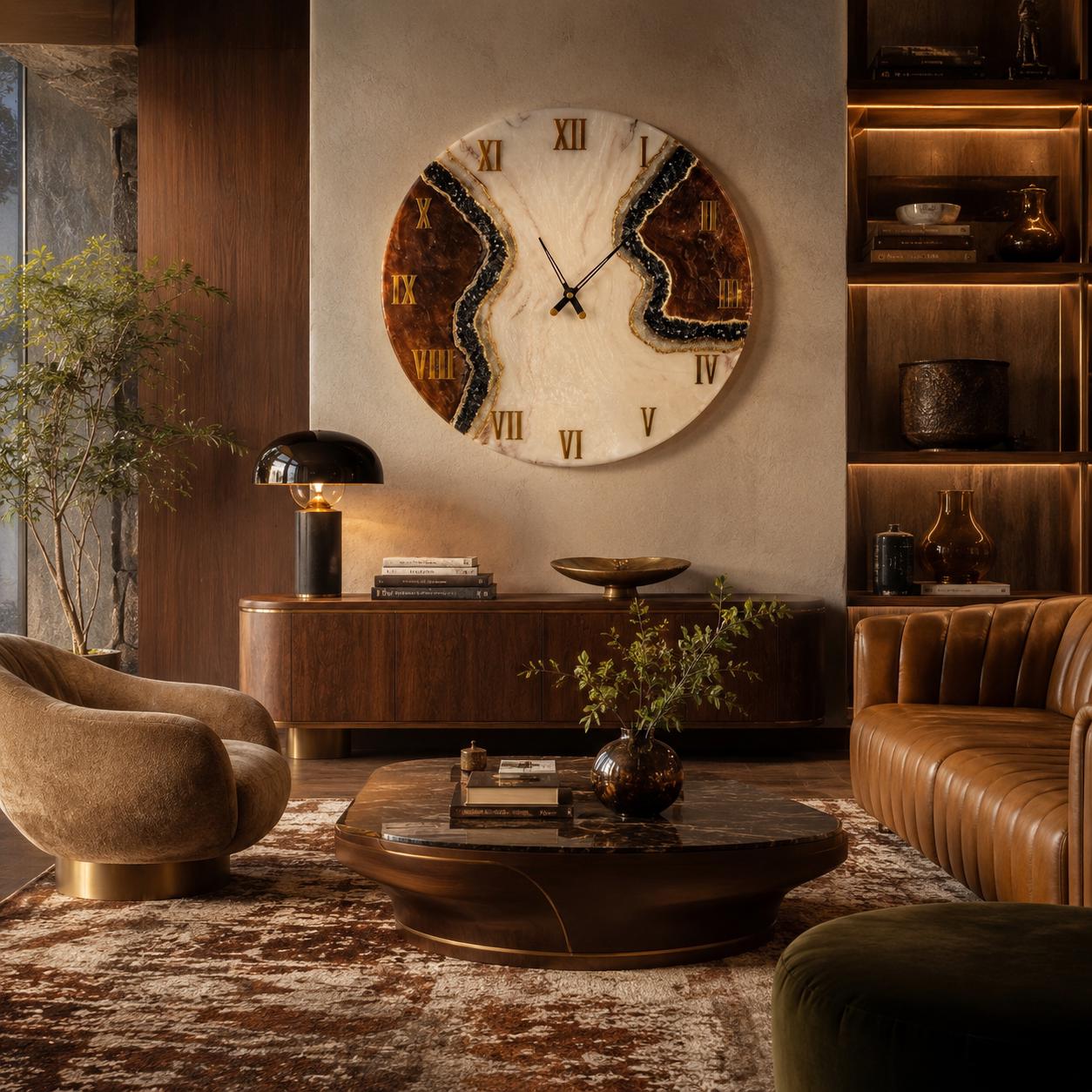 A large circular wall clock featuring a white marble-like face with two dark, jagged, resin-filled channels running vertically. The clock has gold-colored Roman numerals and thin black hands, mounted on a light-colored wall above a console.