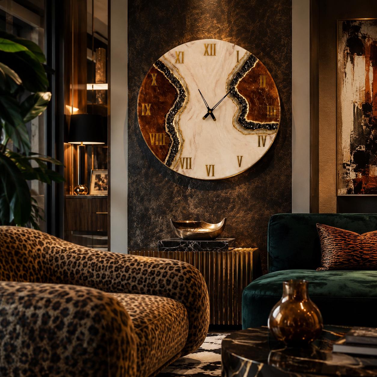 A large round wall clock featuring a cream-colored center with a jagged, dark brown and gold-flecked resin border. The clock face displays gold Roman numerals and thin black hands, mounted on a dark, textured wall above a gold console.