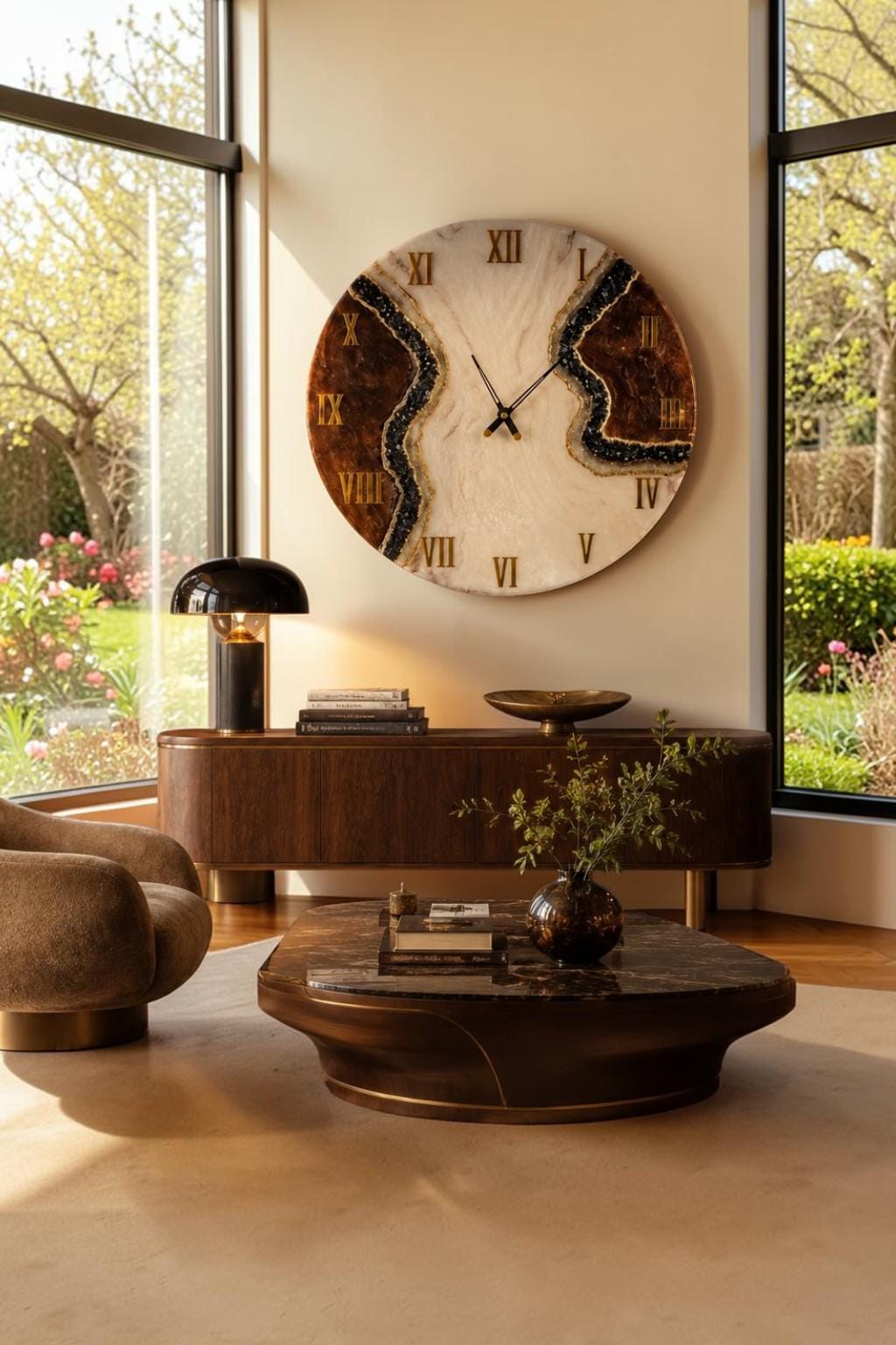 A large circular wall clock featuring a cream-colored center with brown resin sides and black crystal accents. The clock face displays gold Roman numerals and thin black hands. The design mimics a geode with a smooth, polished finish.