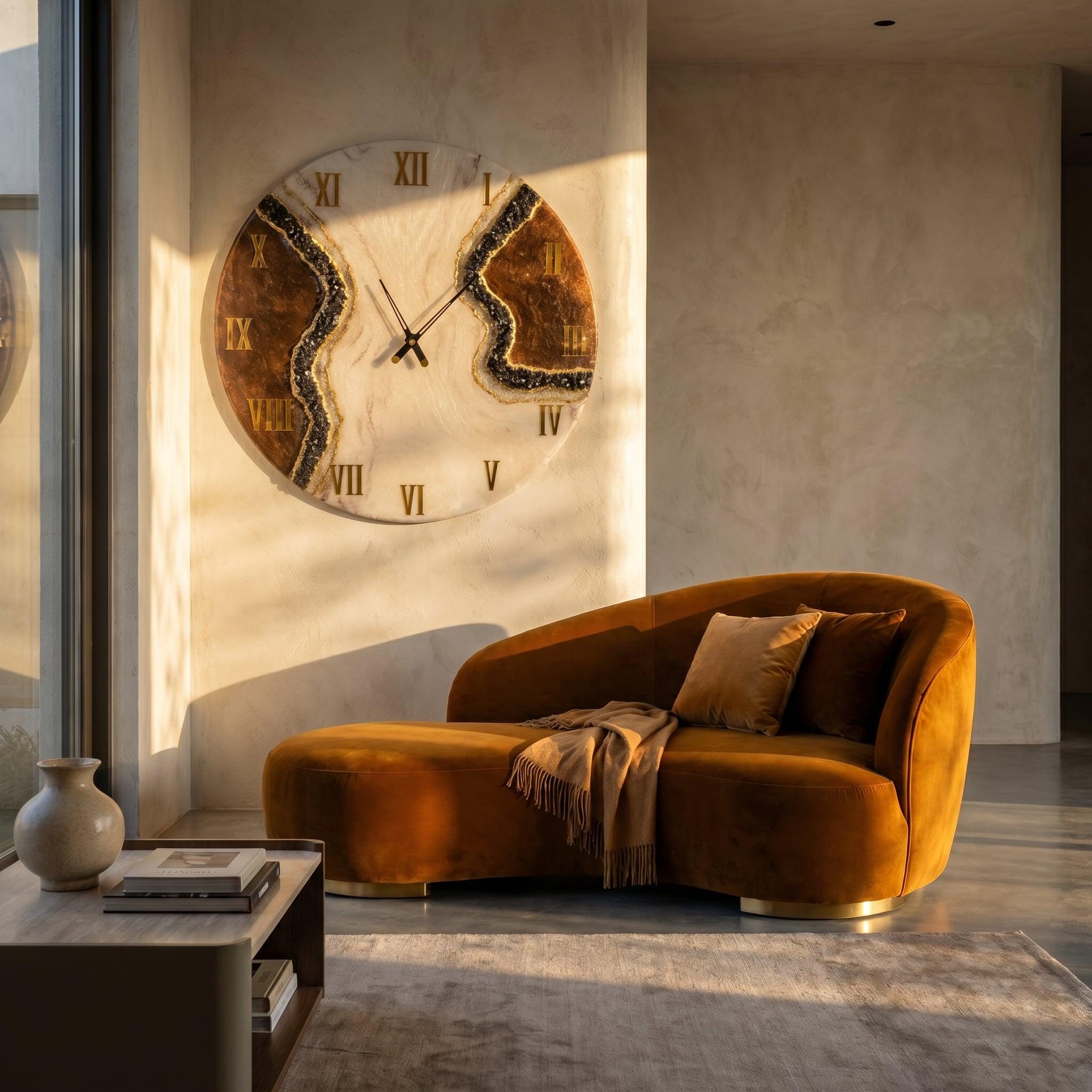 A large circular wall clock featuring a white marble-like face with a central jagged brown and black geode-style inlay, gold Roman numerals, and thin black metal hands, mounted on a wall above a curved mustard-colored velvet chaise.