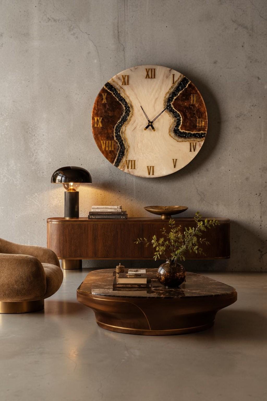 A large circular wall clock featuring a cream-colored center with dark brown resin edges and black crystal accents. The clock face displays gold Roman numerals and thin black hands, mounted on a wall above a wooden sideboard and coffee table.