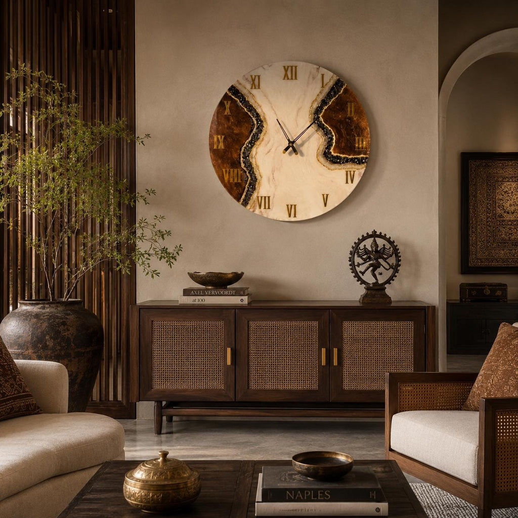 A large circular wall clock featuring a cream-colored face with a central vein of dark brown and black textured material. The clock displays black Roman numerals and thin black hands, mounted on a wall above a wooden sideboard.